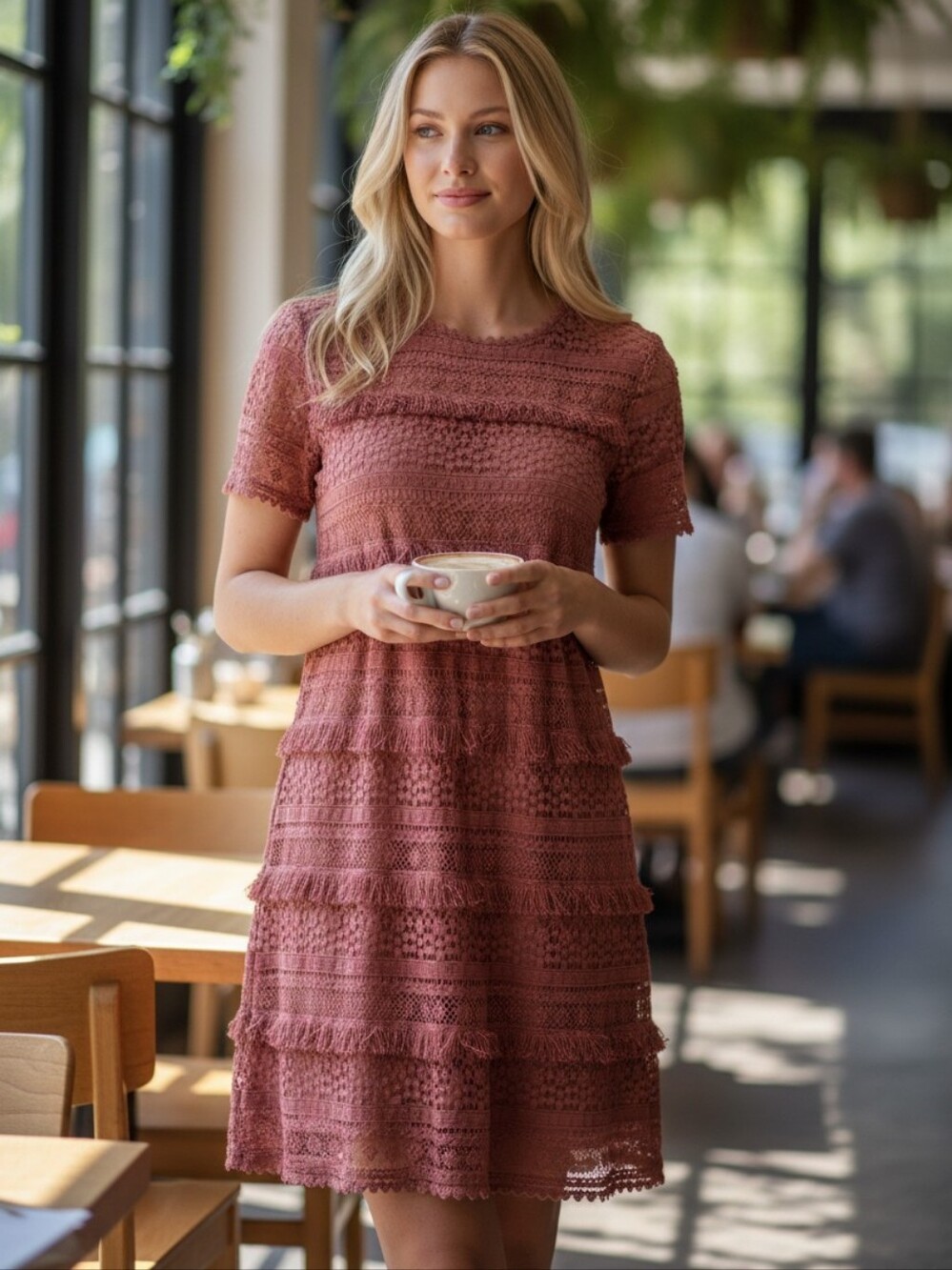 O2Sky Anthropologie Open Crochet Fringed Dress in Rust